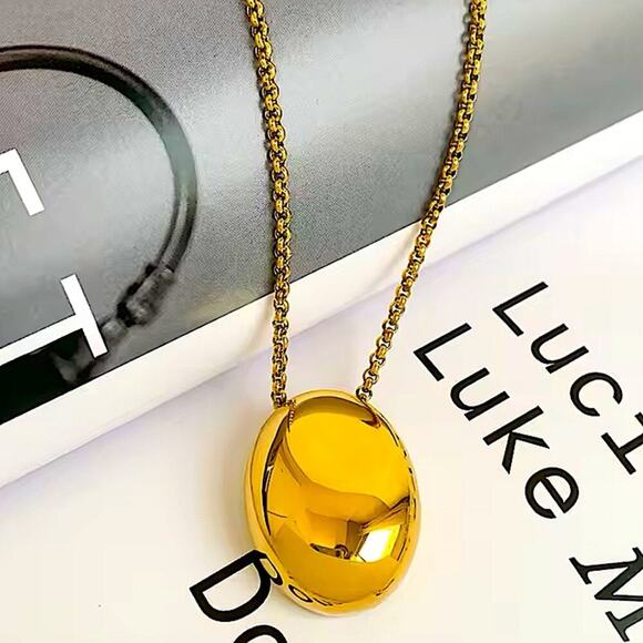 Gold Minimalist Long Oval Sweater Necklace Stainless Steel Pendant Waterproof - Picture 5 of 8